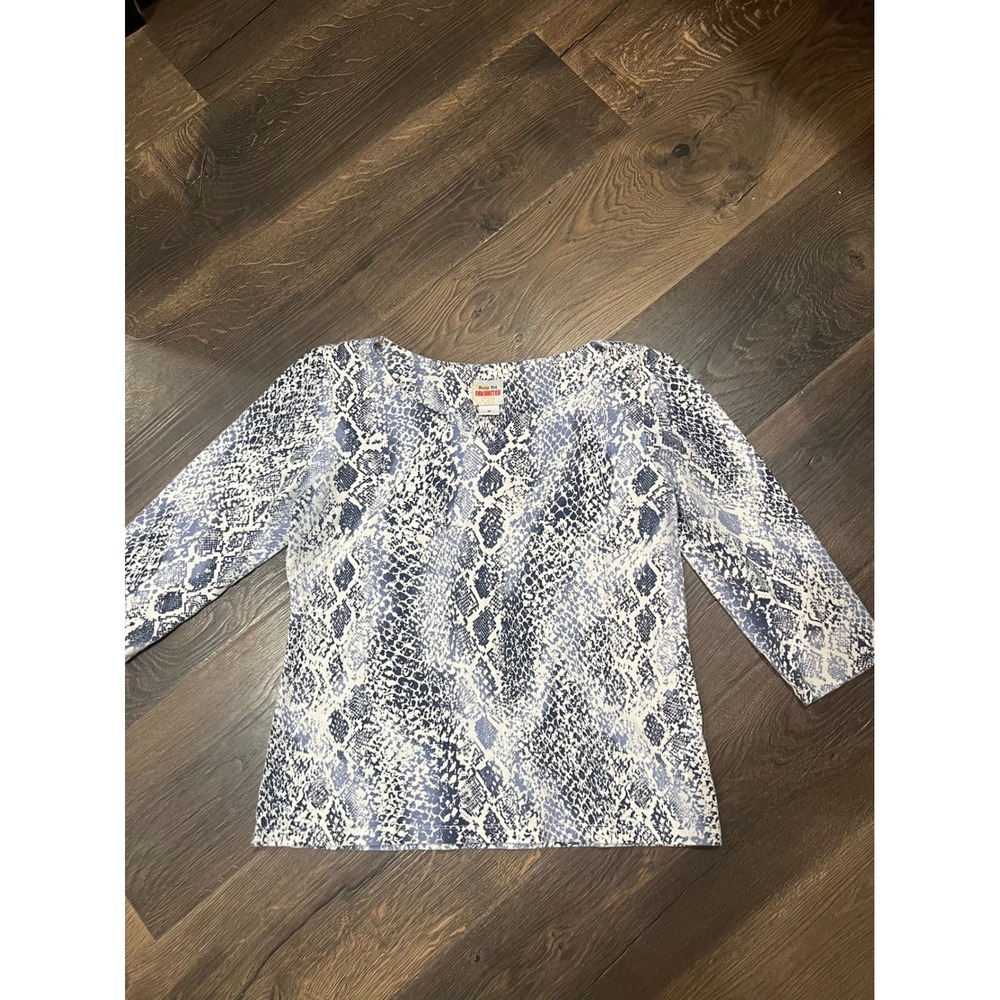 Ruby Rd Favorites Womens Snakeskin Print 3/4 Sleeve Scoop Neck Knit Top Blue M